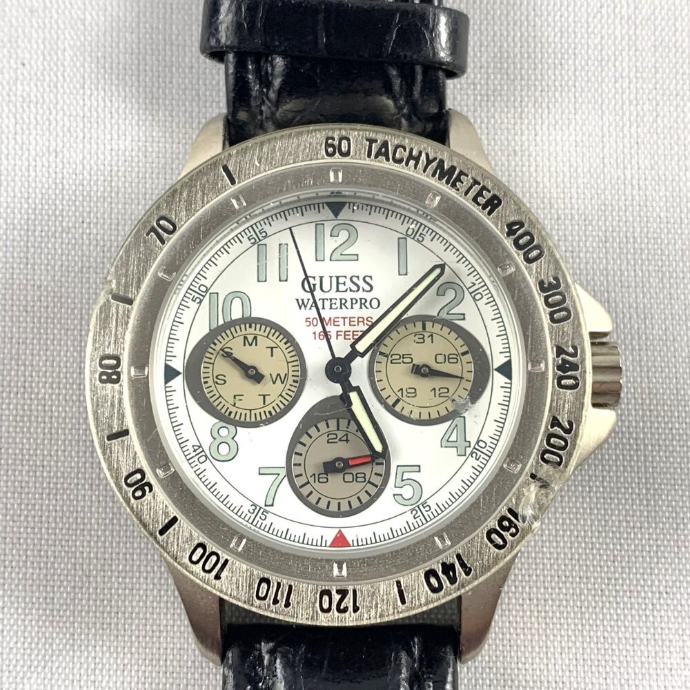 Vintage 1996 Guess Waterpro Quartz Watch, Stainless Steel, Black Leather